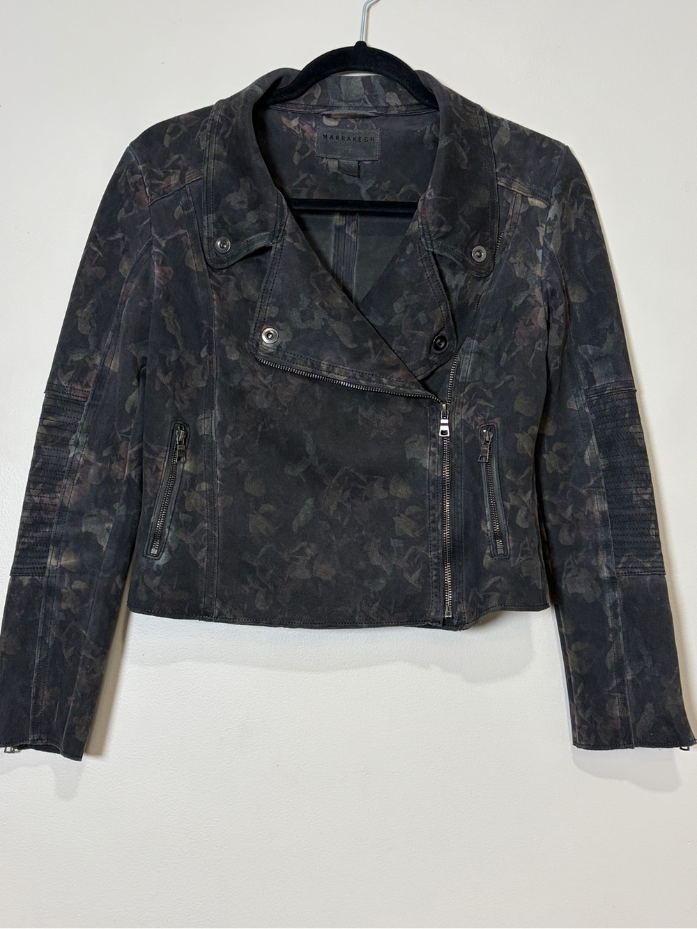 Marrakech | Moto crop jacket muted floral Women’s size S stretch faux suede